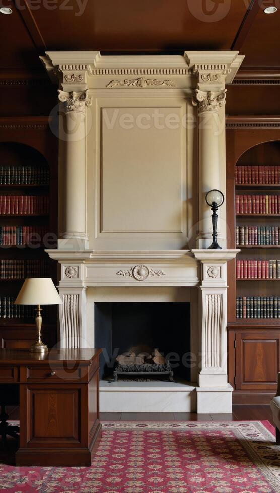 An opulent room showcasing a grand fireplace and a spacious library with a study table photo