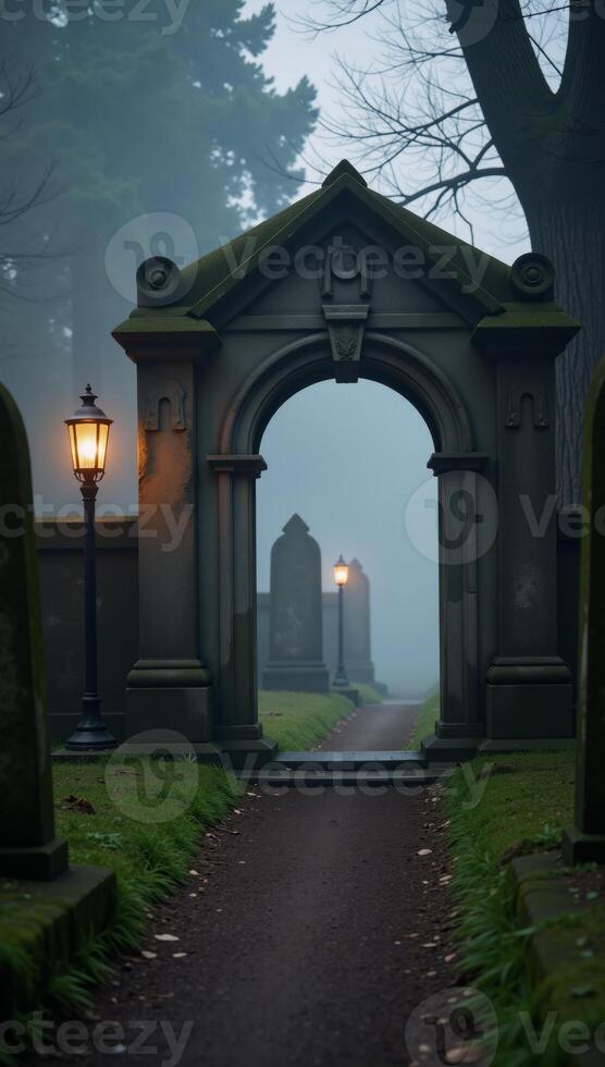 Misty forest path amidst weathered tombstones shrouded in fogs embrace photo