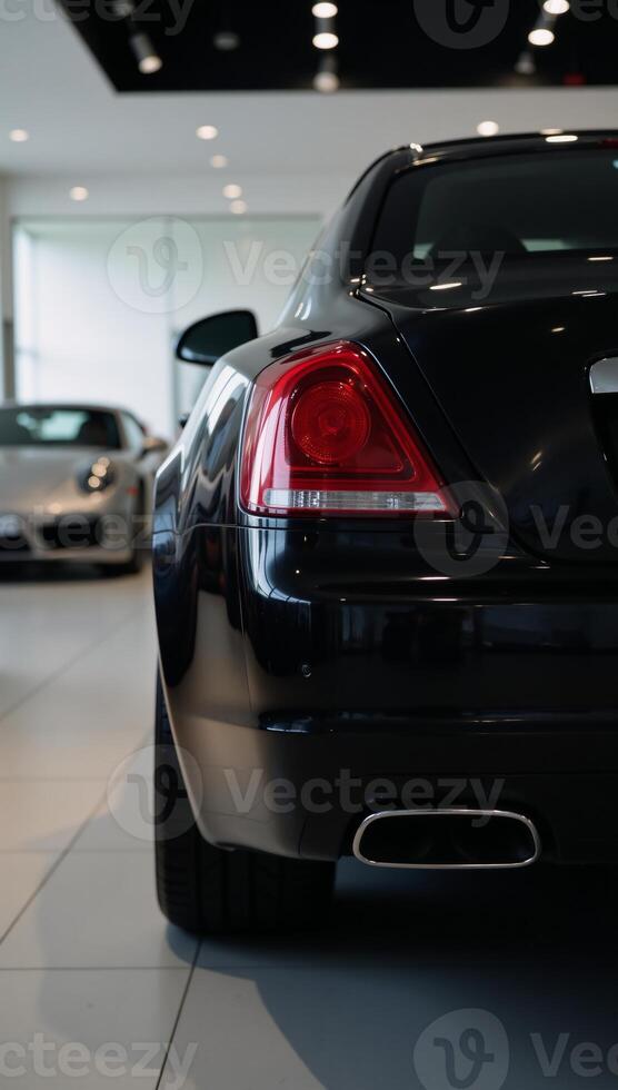 Highend showroom scene featuring closeup of sleek black cars taillight and exhaust surrounded by blurred bokeh background of other luxury vehicles photo