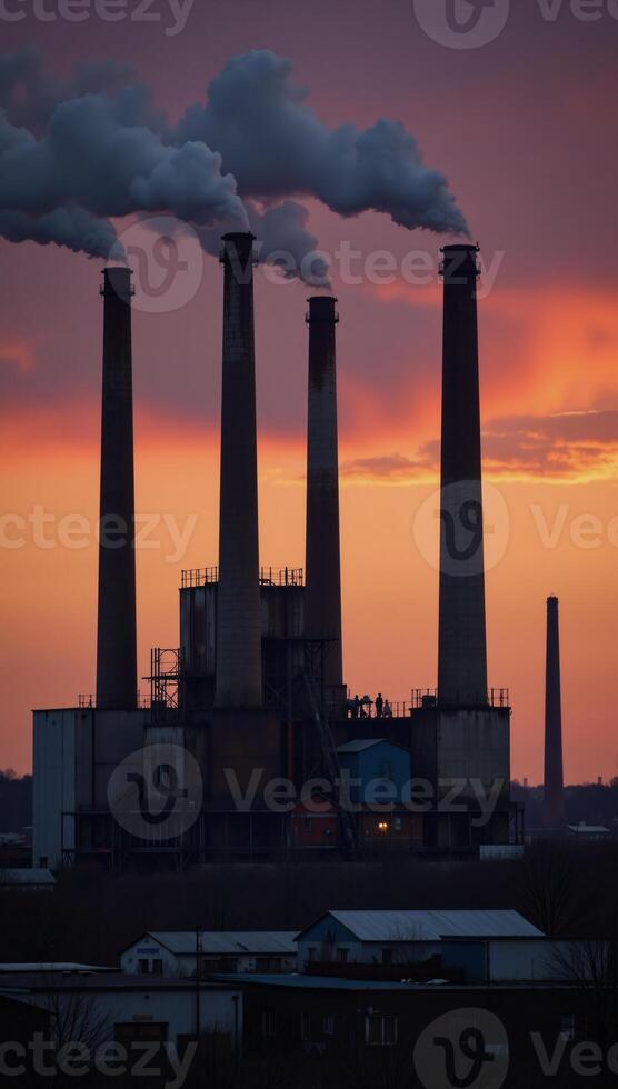 Industrial cityscape at sunset featuring large smokestacks belching pollutionfilled clouds into a twilight sky photo