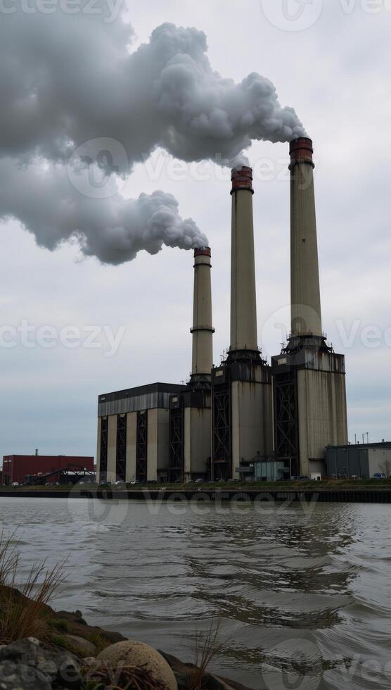 A polluted river surrounded by towering smokestacks from an industrial factory photo
