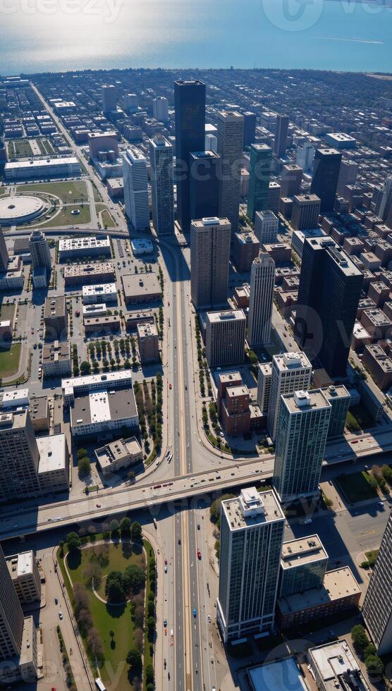 Aerial shot showcasing Clevelands bustling cityscape over Lake Erie photo