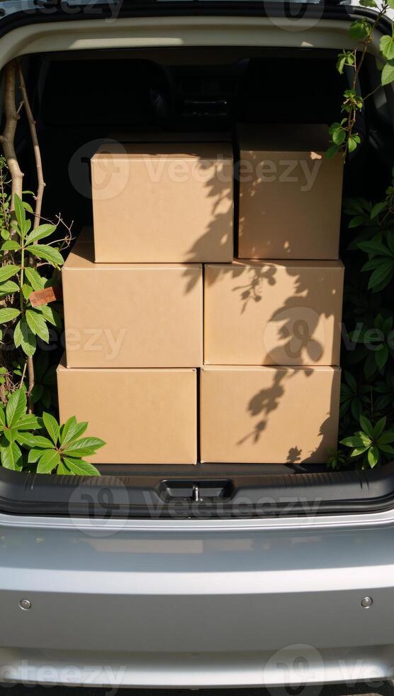 Packed car trunk filled with cardboard boxes amidst nature photo