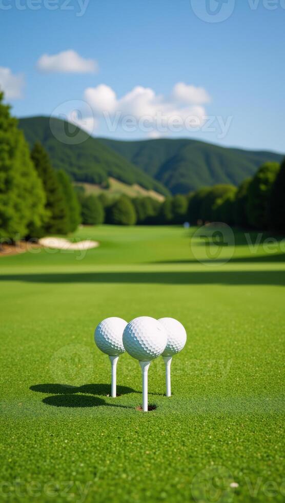 Stylized image featuring peaceful golf course landscape with undulating greens and towering trees photo