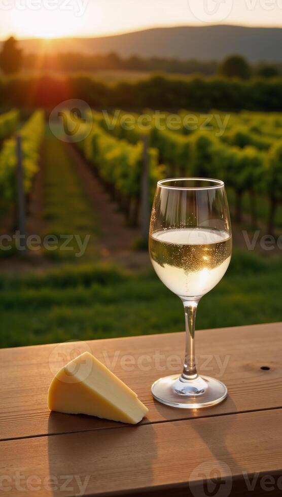 Outdoor scene Sunlit vineyard backdrop with glass white wine cheese and wood table for an al fresco setting at twilight Copy Space photo