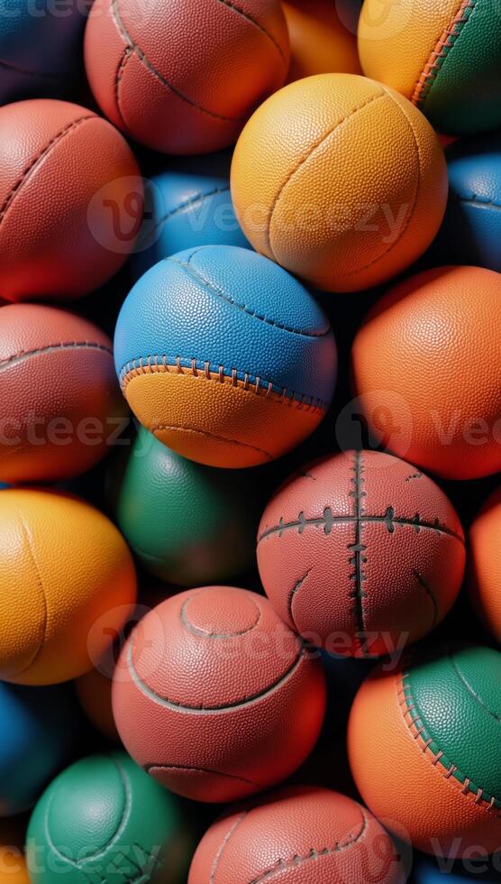 Vibrant design showcasing diverse textures from multiple sporting balls photo