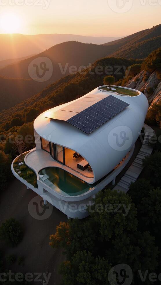 A sleek minimalist and luxurious ecohome sits on a hill at dusk under the warm glow of golden hour adorned with modern architecture sustainable design elements like photovoltaic solar panels and photo