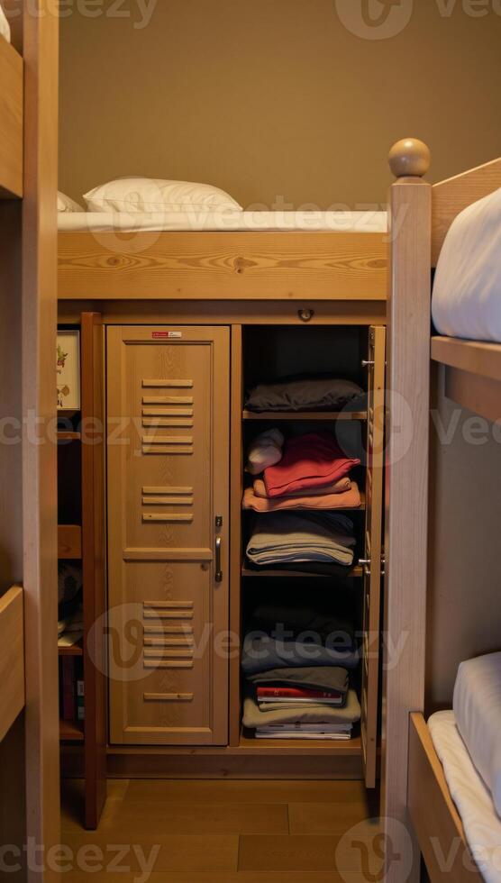 Cozy hostel dormitory scene featuring bunkbeds lockers and warm lighting embodying budget travel and camaraderie photo