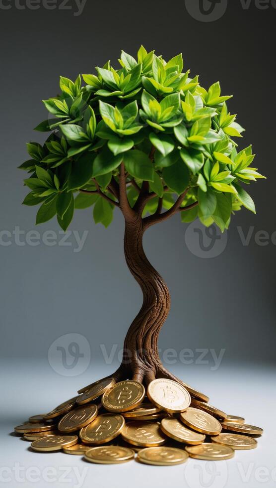 Whimsical image Tree growing from coins representing investment growth photo
