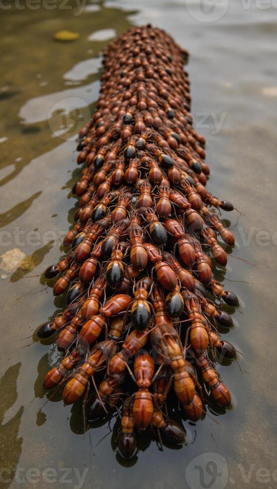 Fire ants construct a floating raft amidst floodwaters linked together intricately photo