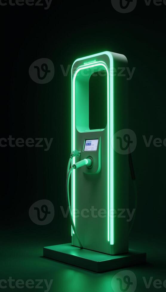 A sleek charging station for an electric vehicle is depicted against a dark backdrop in this futuristic neonlit 3D illustration of green technology and modern power infrastructure photo