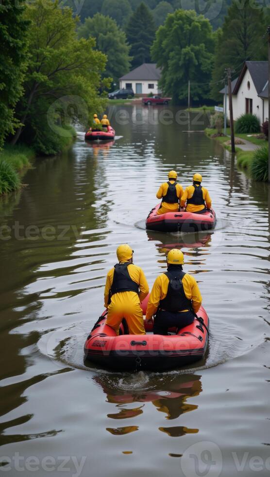 Rescue workers in yellow gear approach flooded homes in inflatable boats among water and trees photo