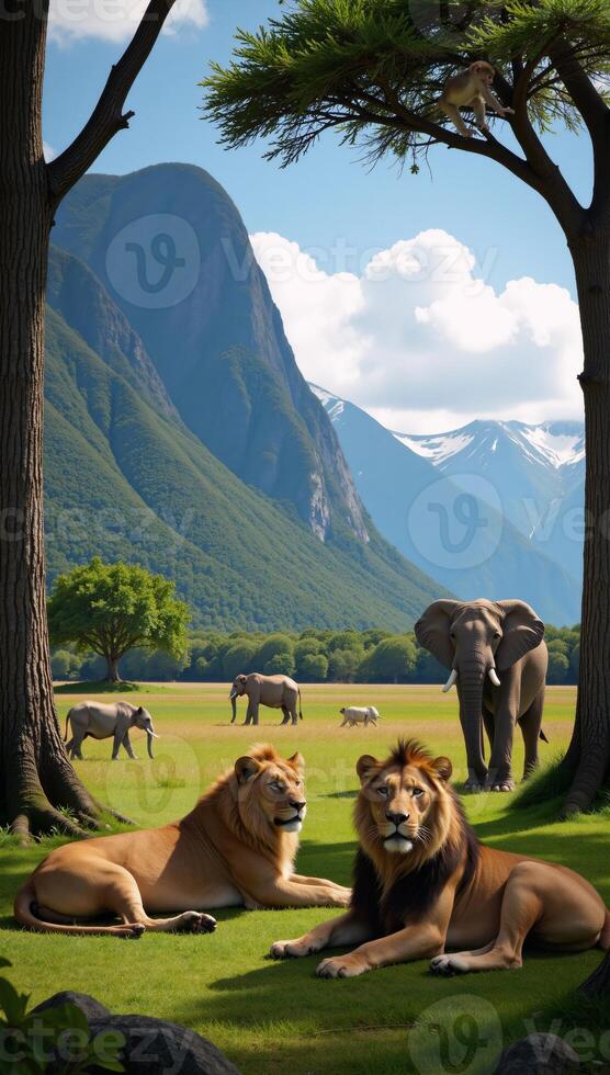 An illustrated scene showcases diverse animals within a mountainous wilderness with flowing rivers photo