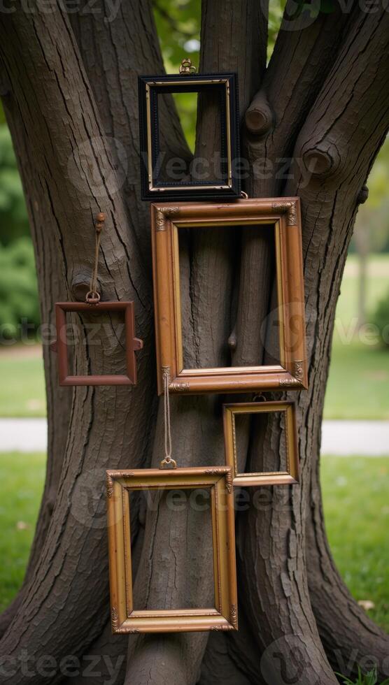 Picture frames hanging from a tree limb symbolize family history or genealogical research photo
