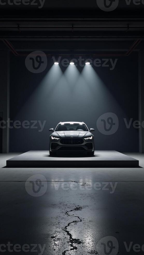 3D rendering depicting a moody dimly lit garage setting with a car in the background and an empty stagelike feel using concrete textures and highlighted by a spotlight Garage interior Car backdrop photo
