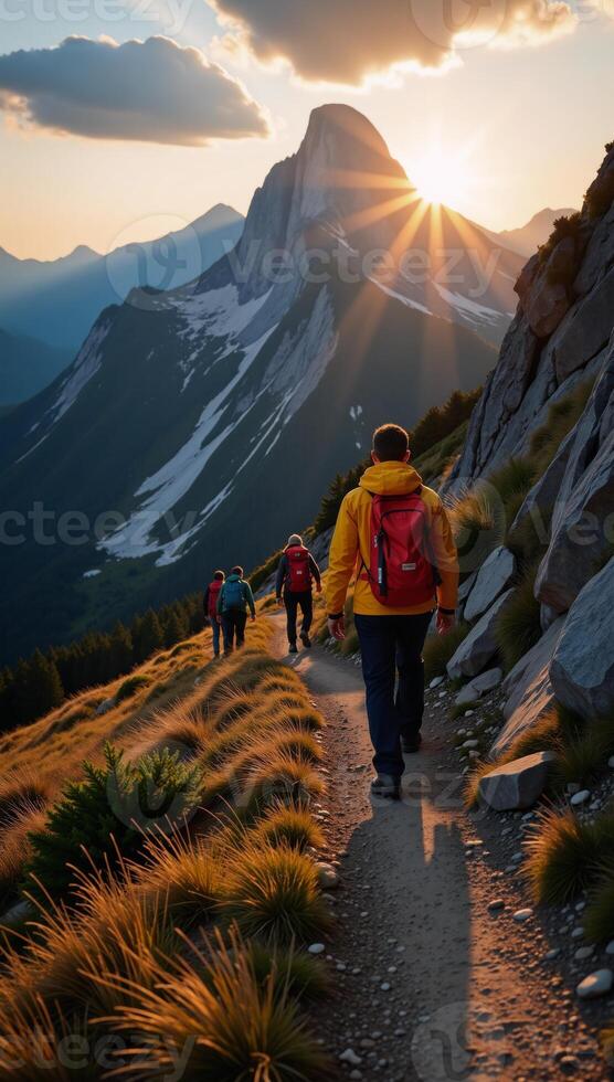 Mountain hiking trip with friends on an adventurous journey during summer twilight photo