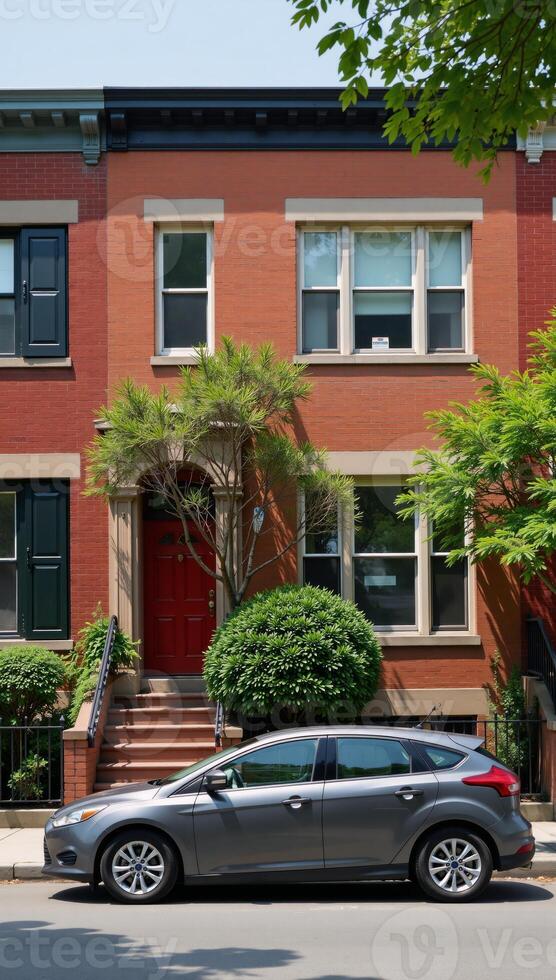 Row of homes featuring a parked vehicle on the street photo