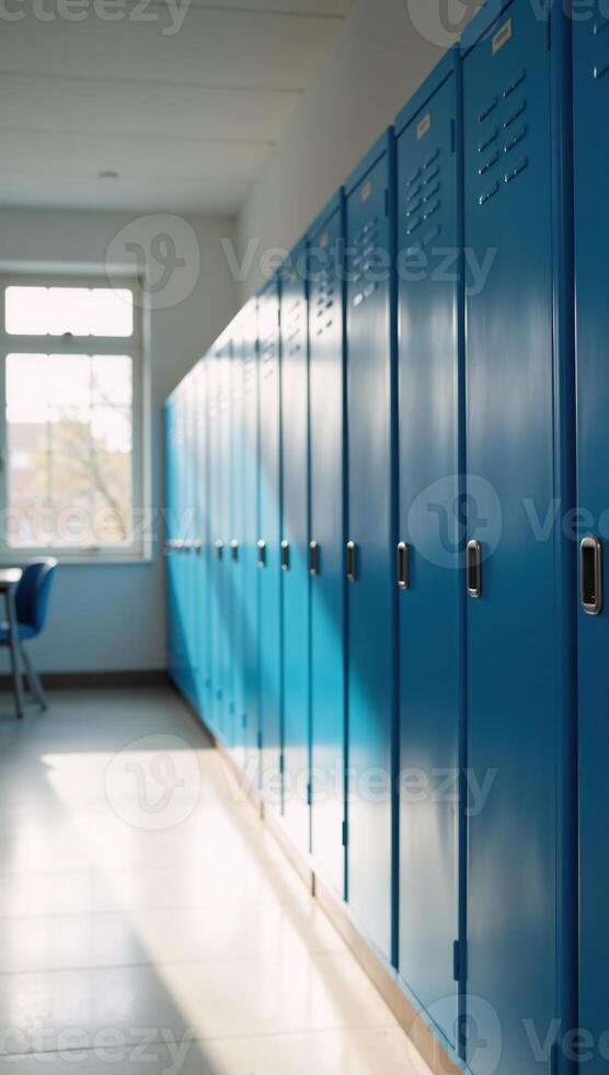 Sunlit school hall with organized blue lockers portraying calmness and organization in an academic setting Clean Serene Style photo