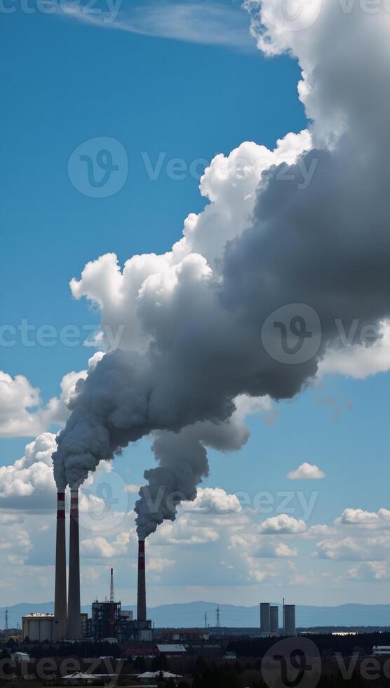 Air pollutionfilled dark skies with industrial factory smoke stacks emitting smoggy clouds photo