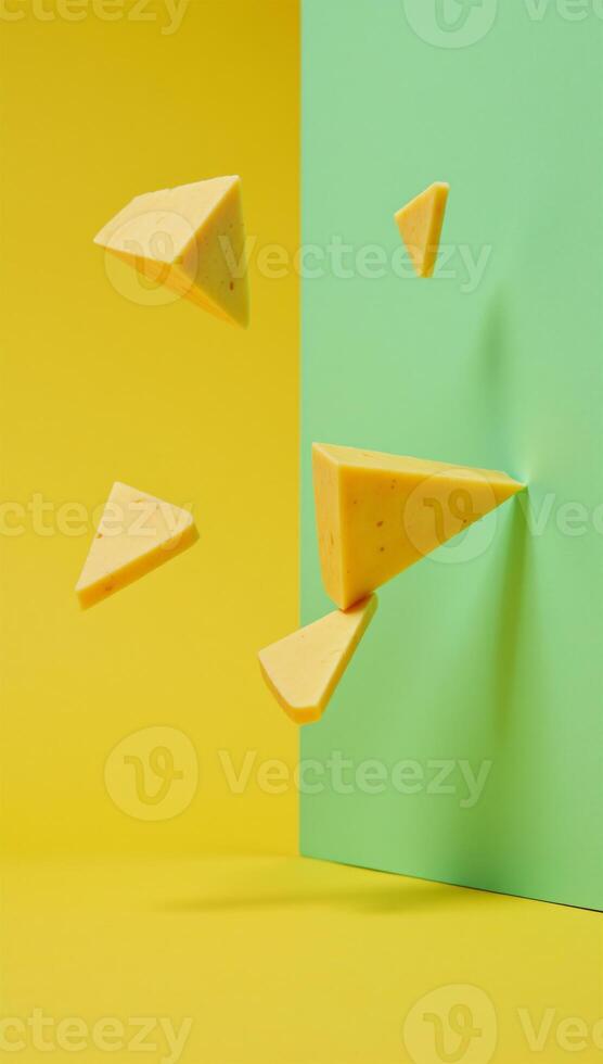 A digital illustration showcases triangles of floating cheese against a bright yellow backdrop photo