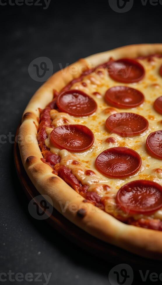 A digitally crafted image showcases a slice of pepperoni pizza with gooey cheese on a darktextured background photo