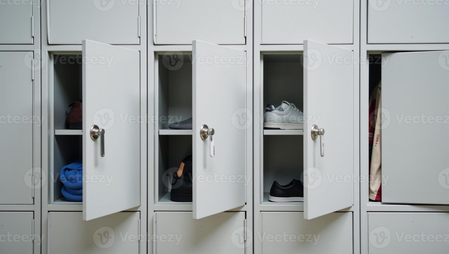 Sleek industrialstyle row of lockers with open doors reveals an orderly storage solution suitable for gyms or schools photo