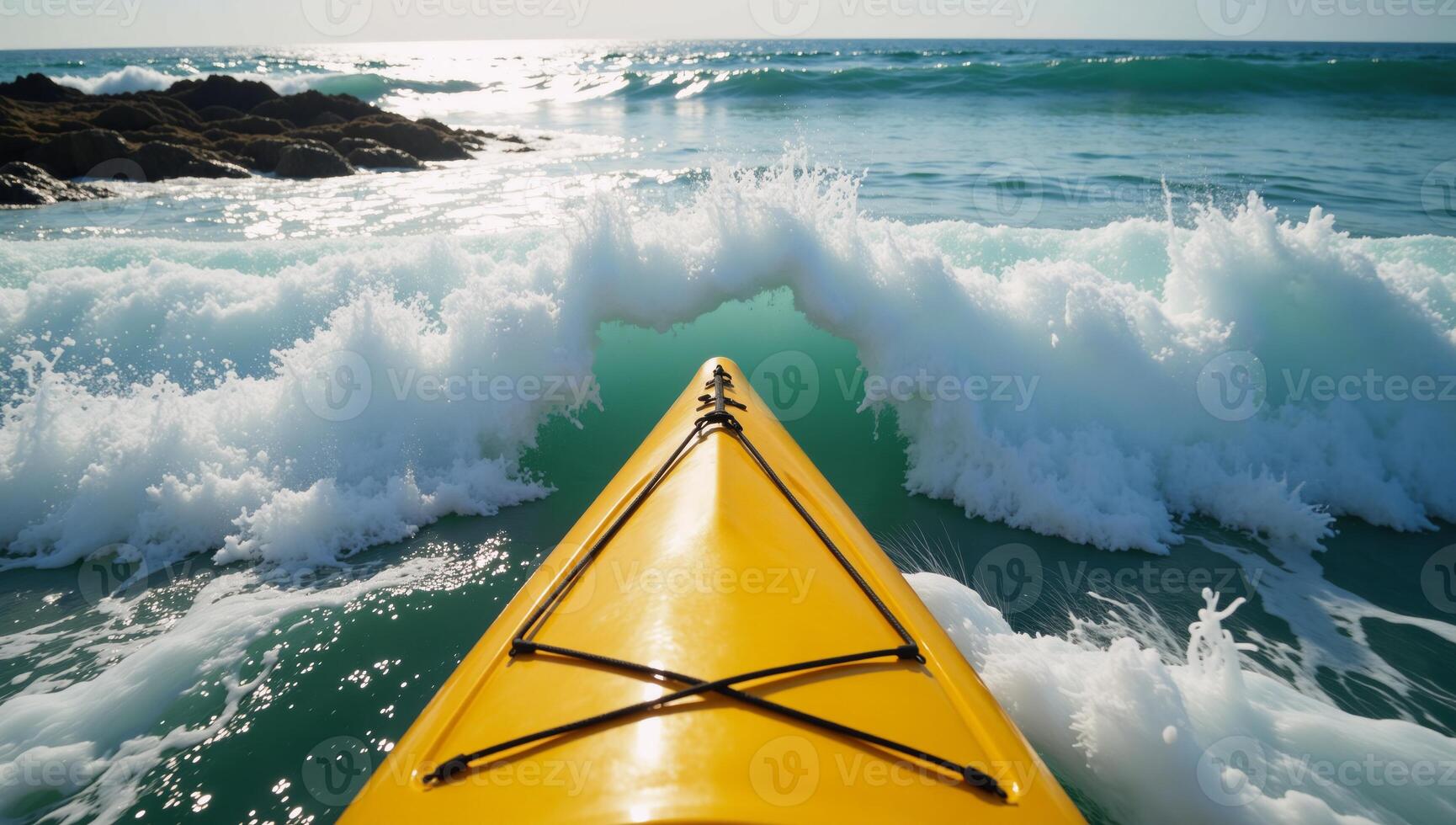 Kayak floating among crashing ocean waves yellow photo