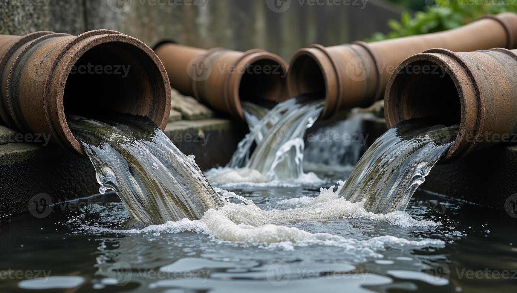 Dirty water flowing from sewer pipes in a gritty 3D scene photo