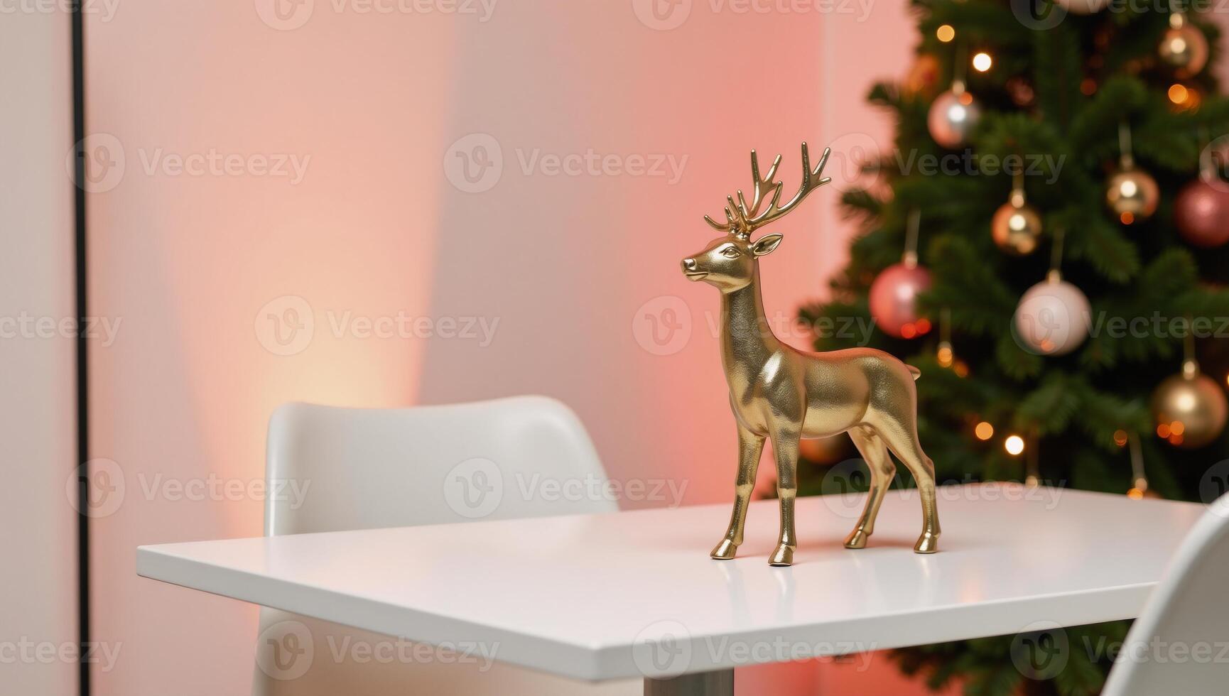 A modern ChristmasNew Year scene features a minimalist reindeer sculpture on a sleek table under warm pinkyellow lighting evoking a chic holiday ambiance photo