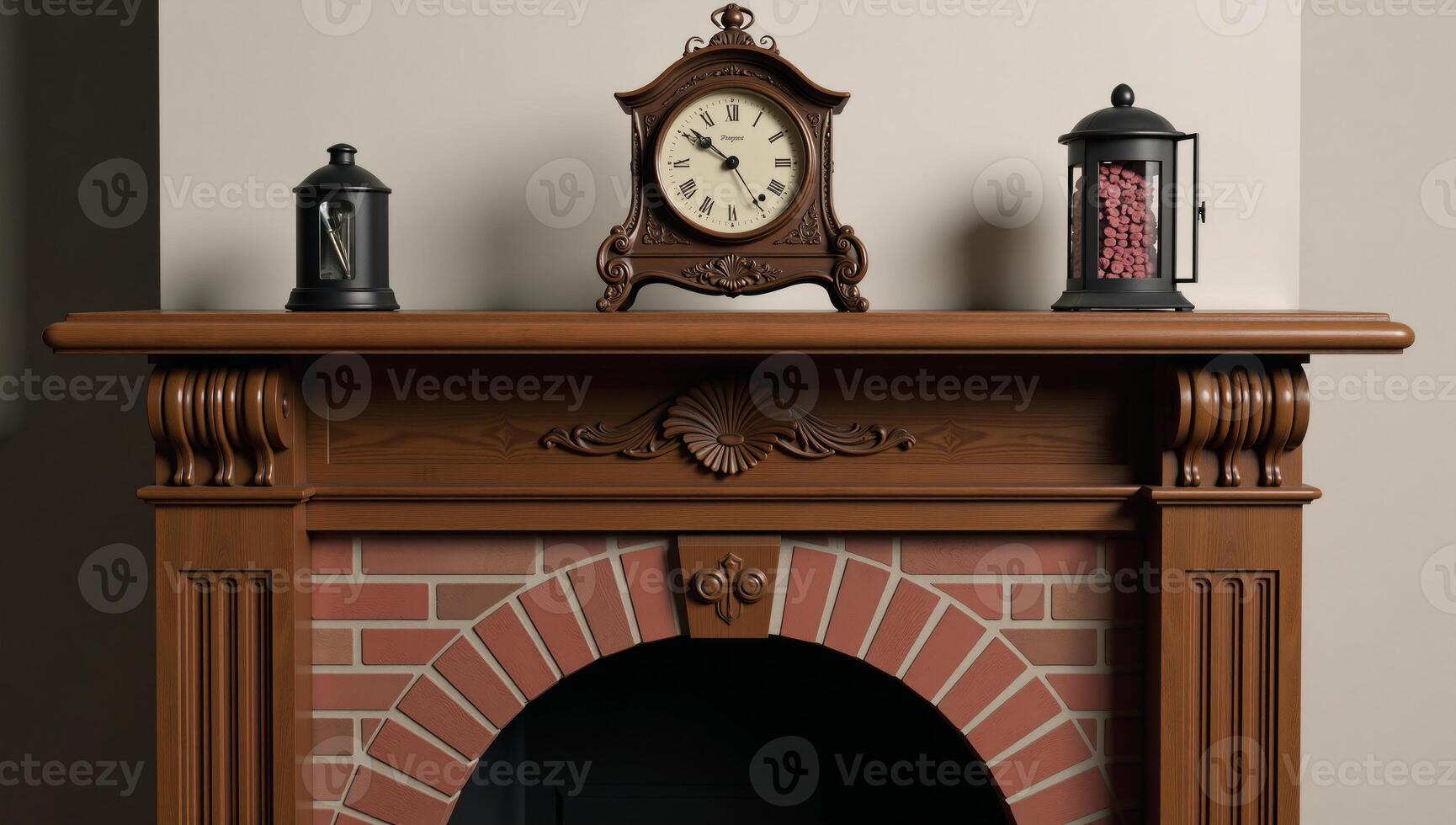 A vintage oldfashioned fireplace is depicted with a carriage clock on the mantelpiece 3D rendered photo