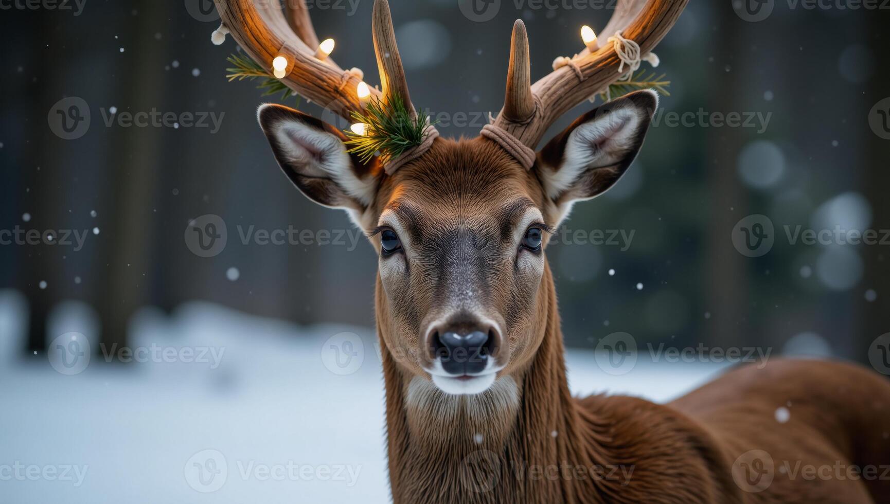 A festive image featuring a cute and playful deer adorned for Christmas photo