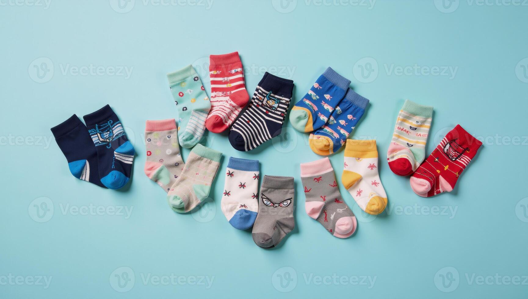 Mismatched baby and kids socks of various patterns populate a light blue backdrop in celebration of Odd Socks Day Lonely Sock Day or as a symbol for antibullying week or Down Syndrome Awareness photo