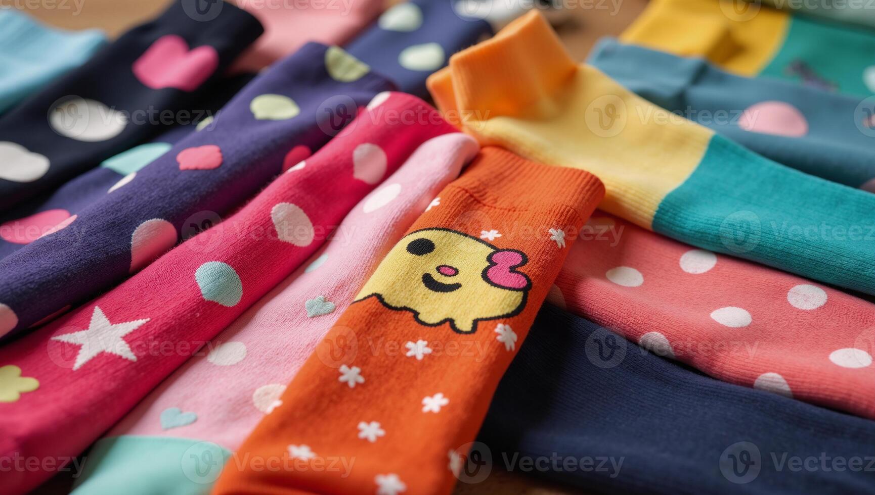 A whimsical freehandtextured cartoon illustration showcasing colorful socks with unique patterns and designs photo