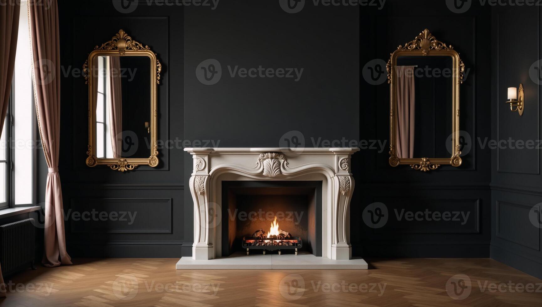 An empty classically styled room showcases a striking black fireplace against a dark wall photo