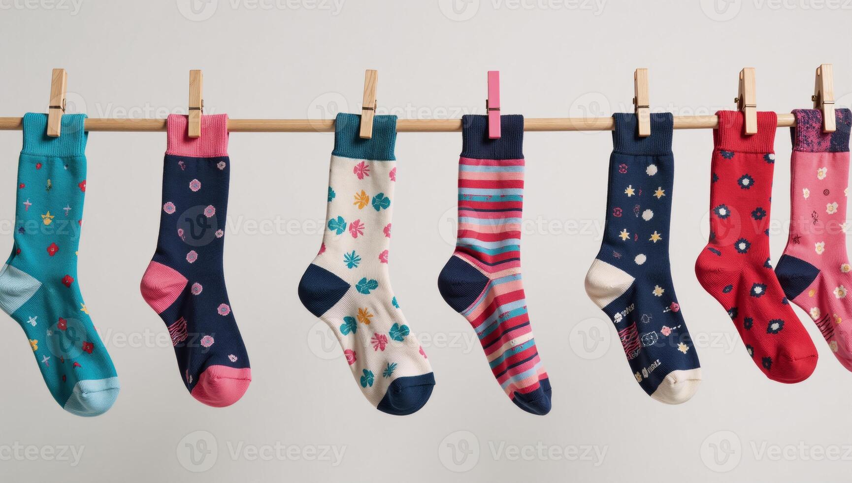 Colorful socks adorned with intricate designs hanging to dry on a line photo