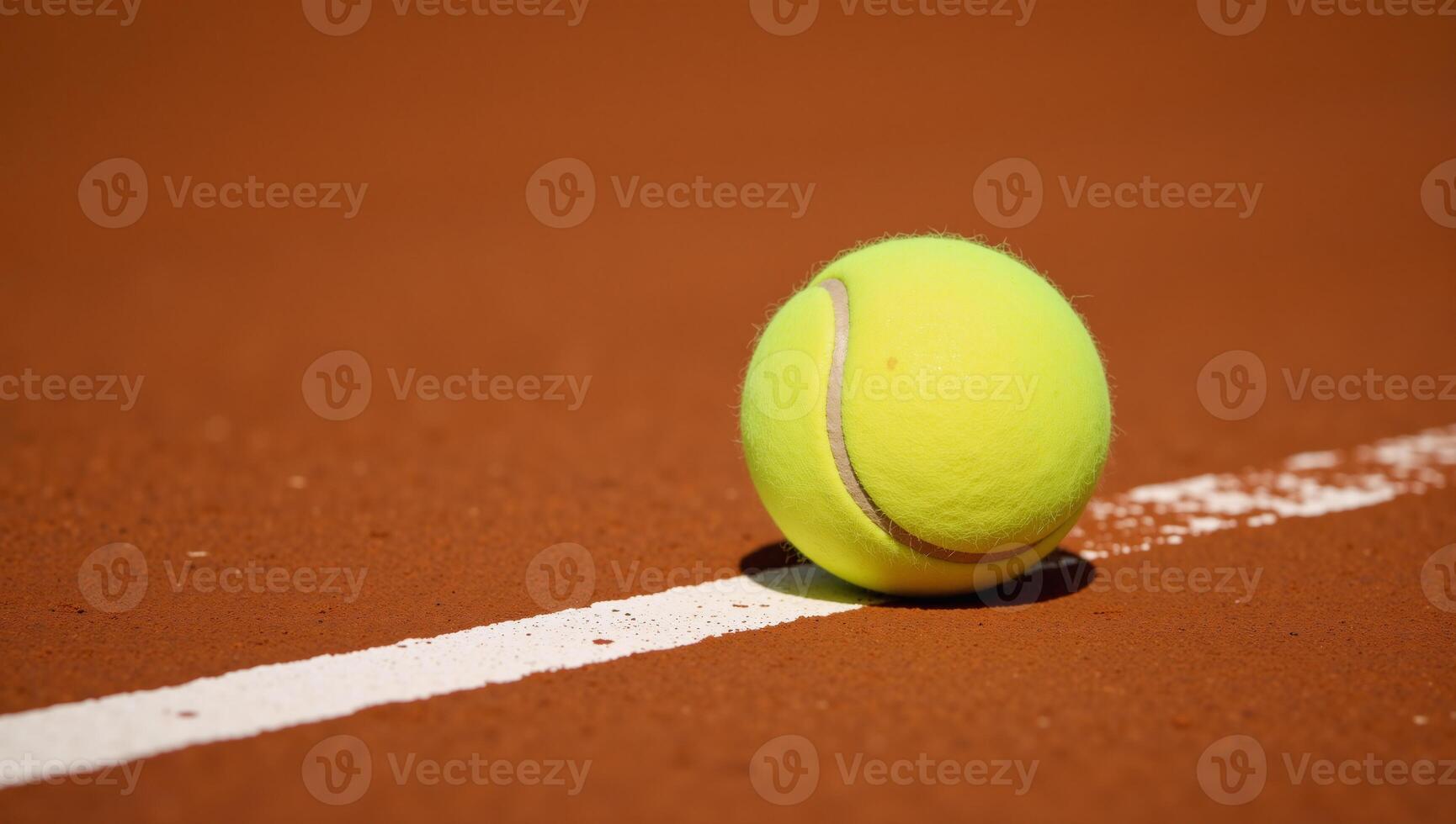 Macro image of a yellow tennis ball on a red court line photo