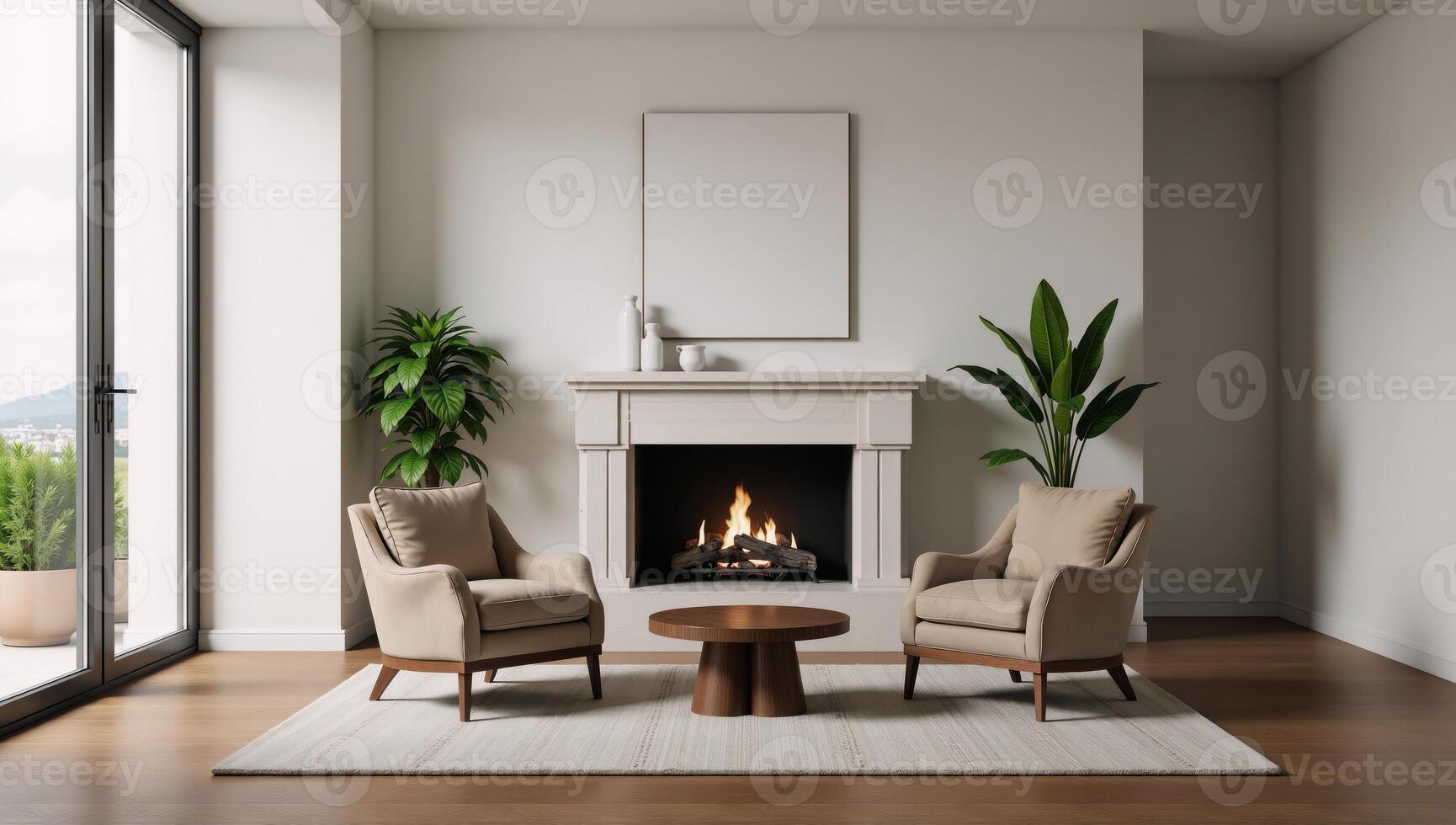 A stylish luminous 3Drendered living room scene showcases a cozy setting featuring a fireplace two armchairs and an image on the wall photo