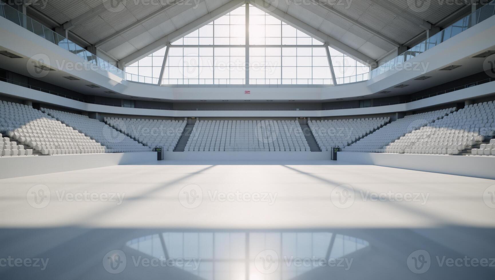 3Drendered image Empty arena with concrete floors glass fences and triangular dome roof photo