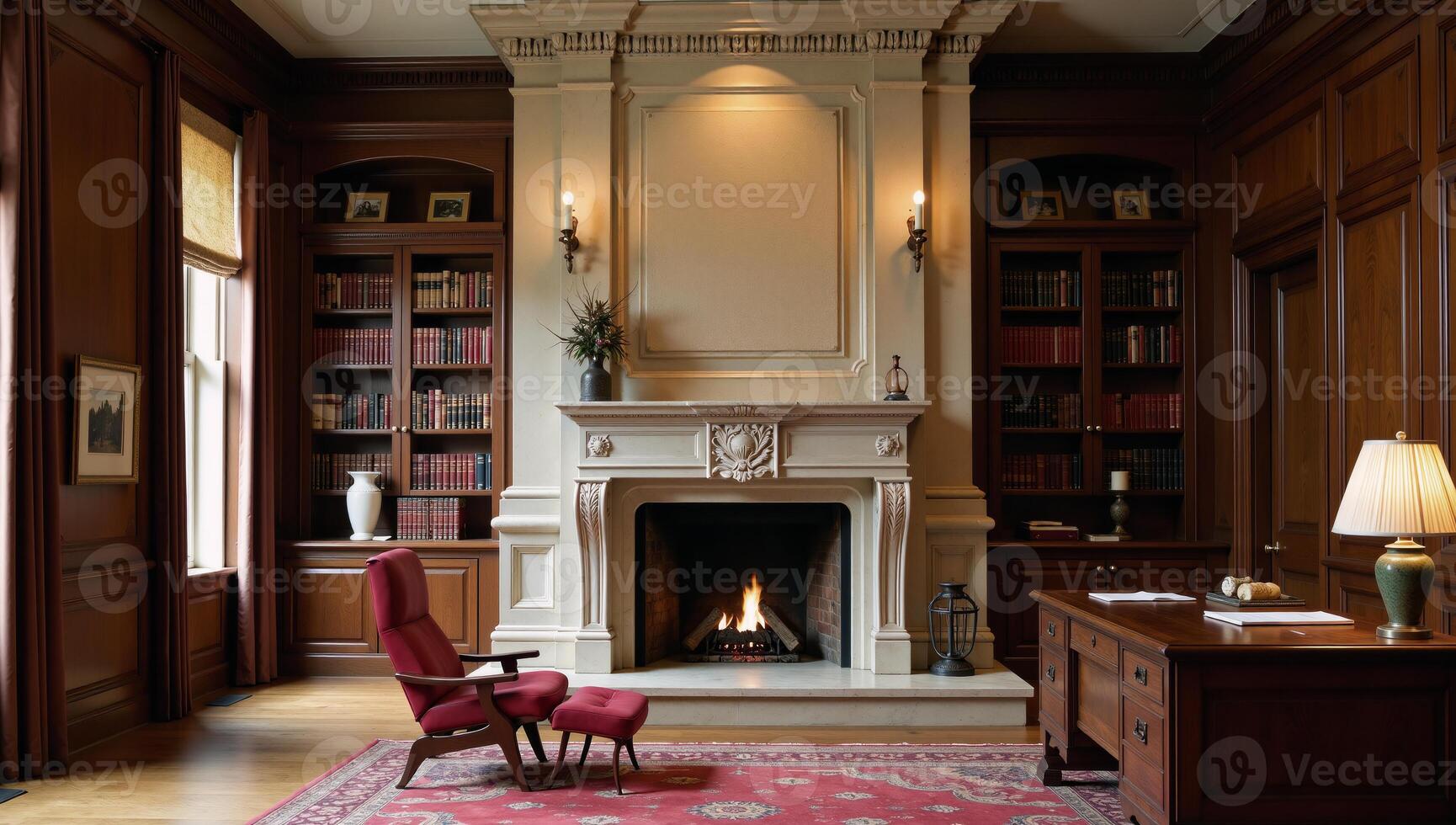 An opulent room showcasing a grand fireplace and a spacious library with a study table photo