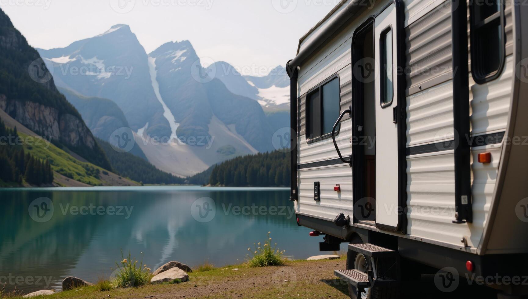 Campers enjoying a mountain getaway by setting up an RV trailer for camping and fishing activities photo