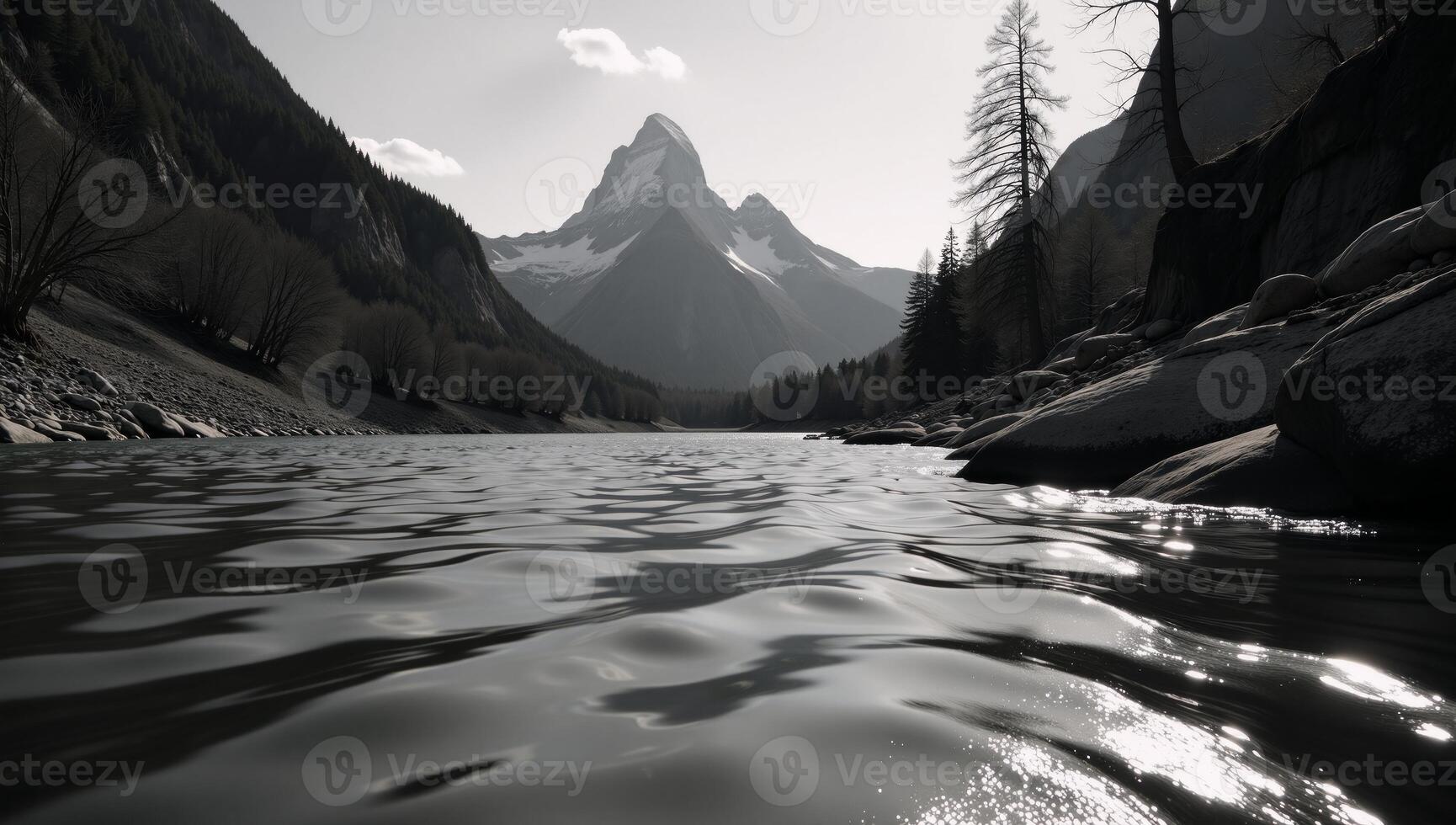 Drawing depicts a scenic view of rivers flowing by majestic mountain ranges photo