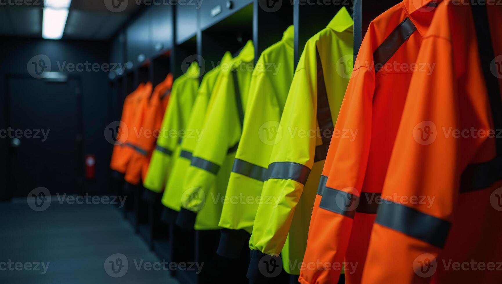 Highvisibility jackets neatly arranged in dim locker room conveys readiness and safety photo