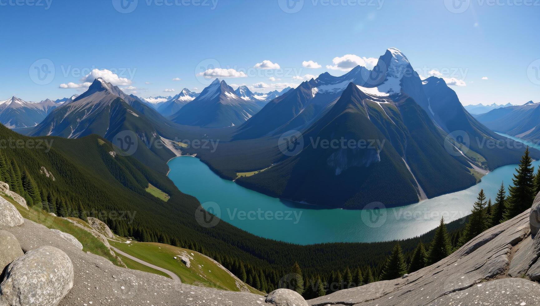 Stunning landscape featuring majestic mountains and flowing rivers illuminated by soft ethereal light photo