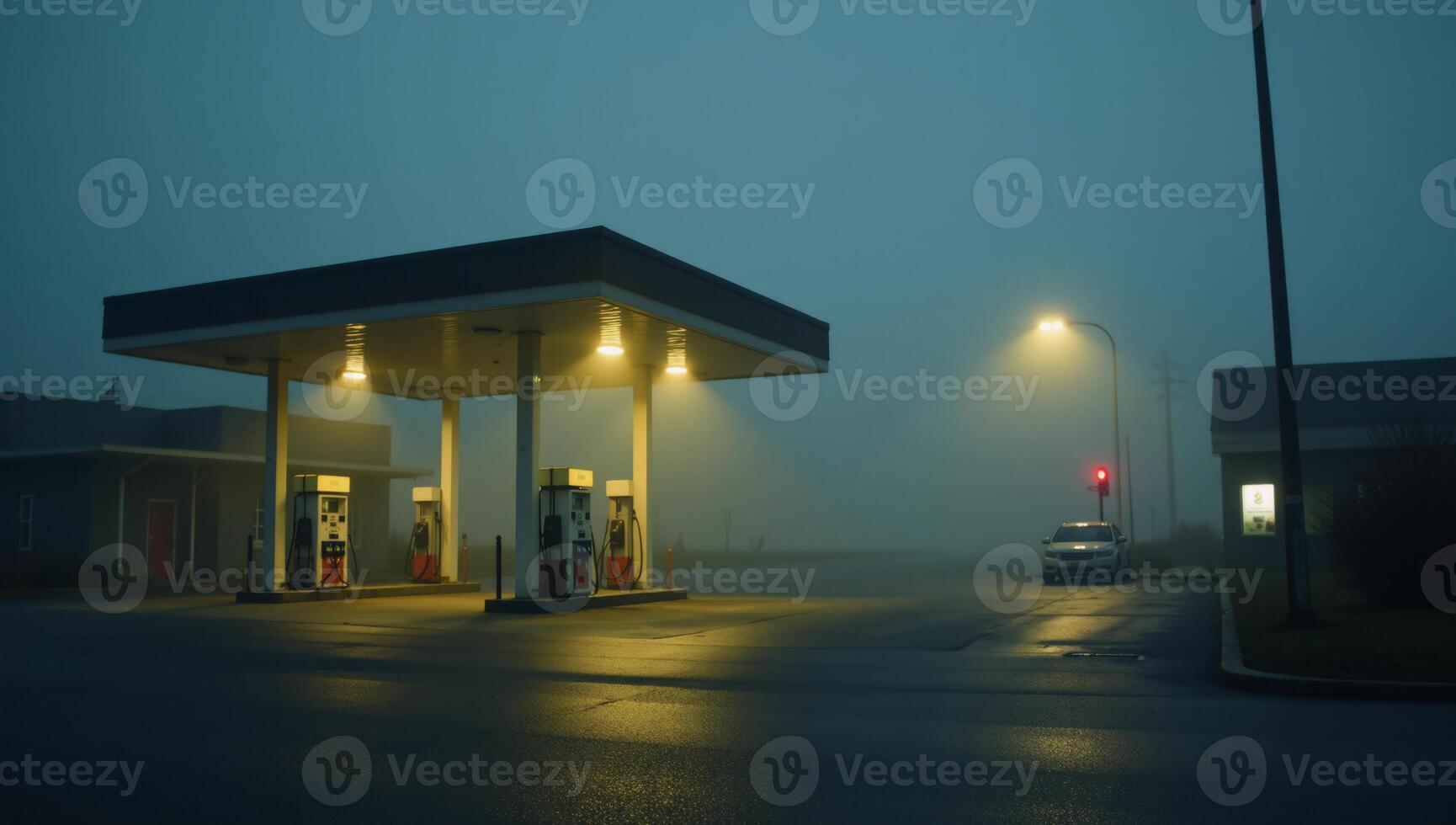 Foggynight scene featuring cinematic view of a gas station photo