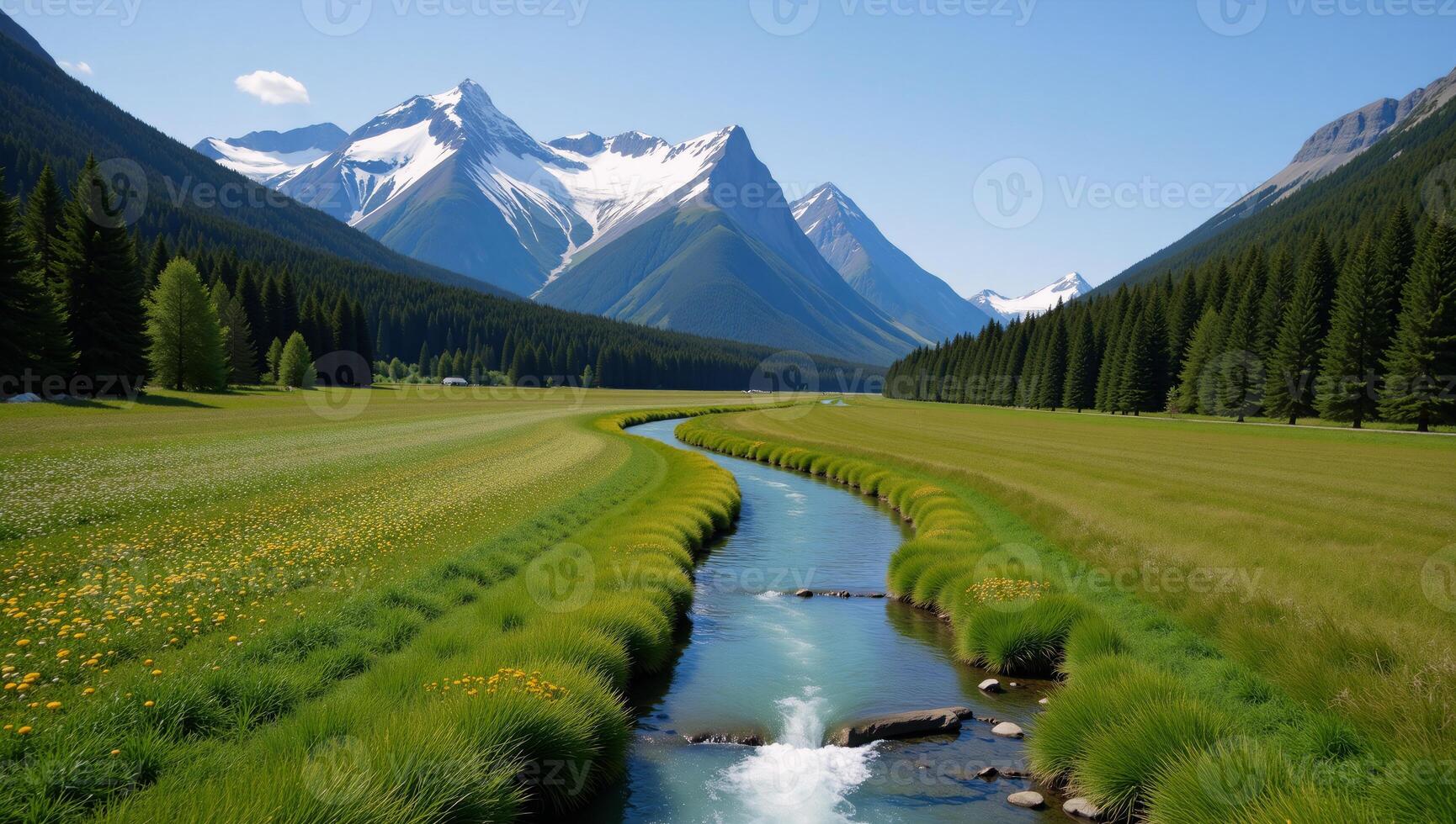Dronecaptured graphic art illustration showcases an adventurous outdoor nature scene with wild mountain flowing rivers and fields in a captivating adventure travel vibe photo