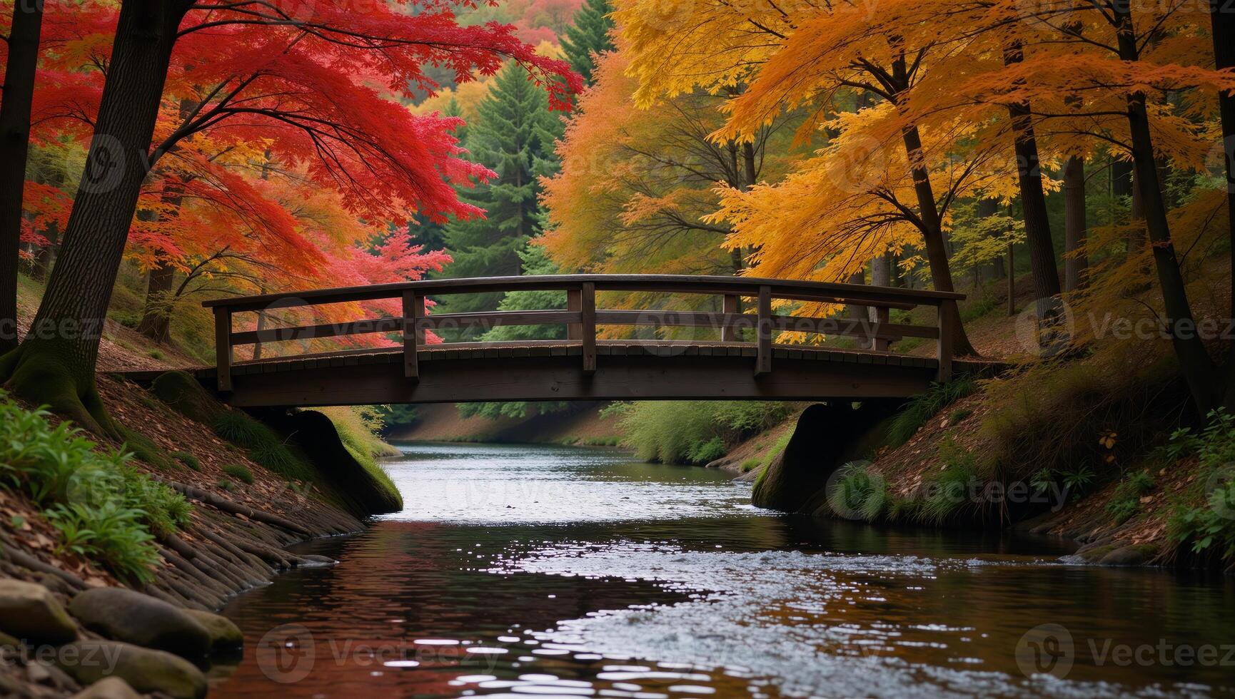 Picturesque autumn scene serene river flowing under colorful trees with a charming wooden bridge photo