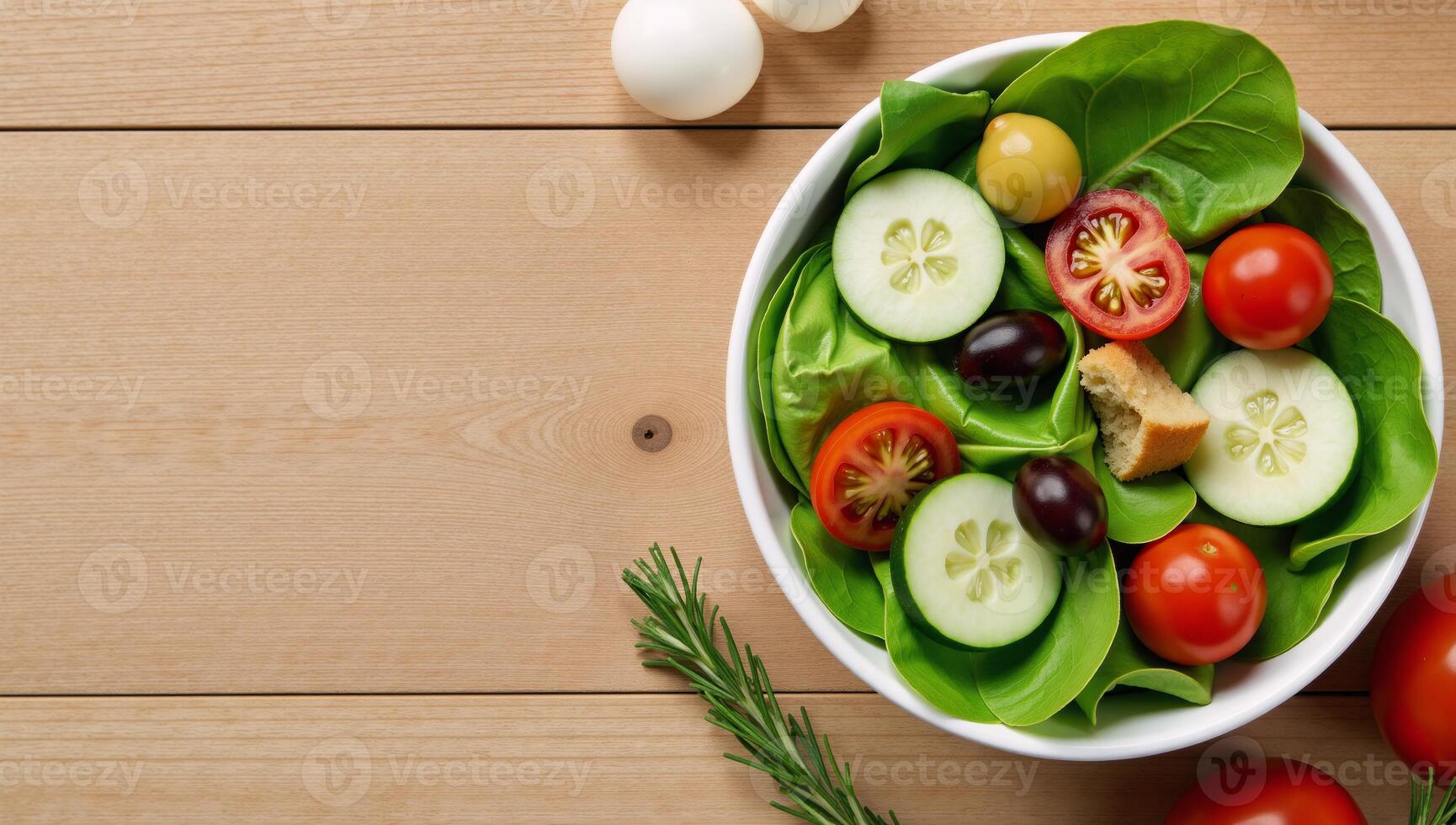 Salad bowl with diced tomatoes and cucumbers on a table photo