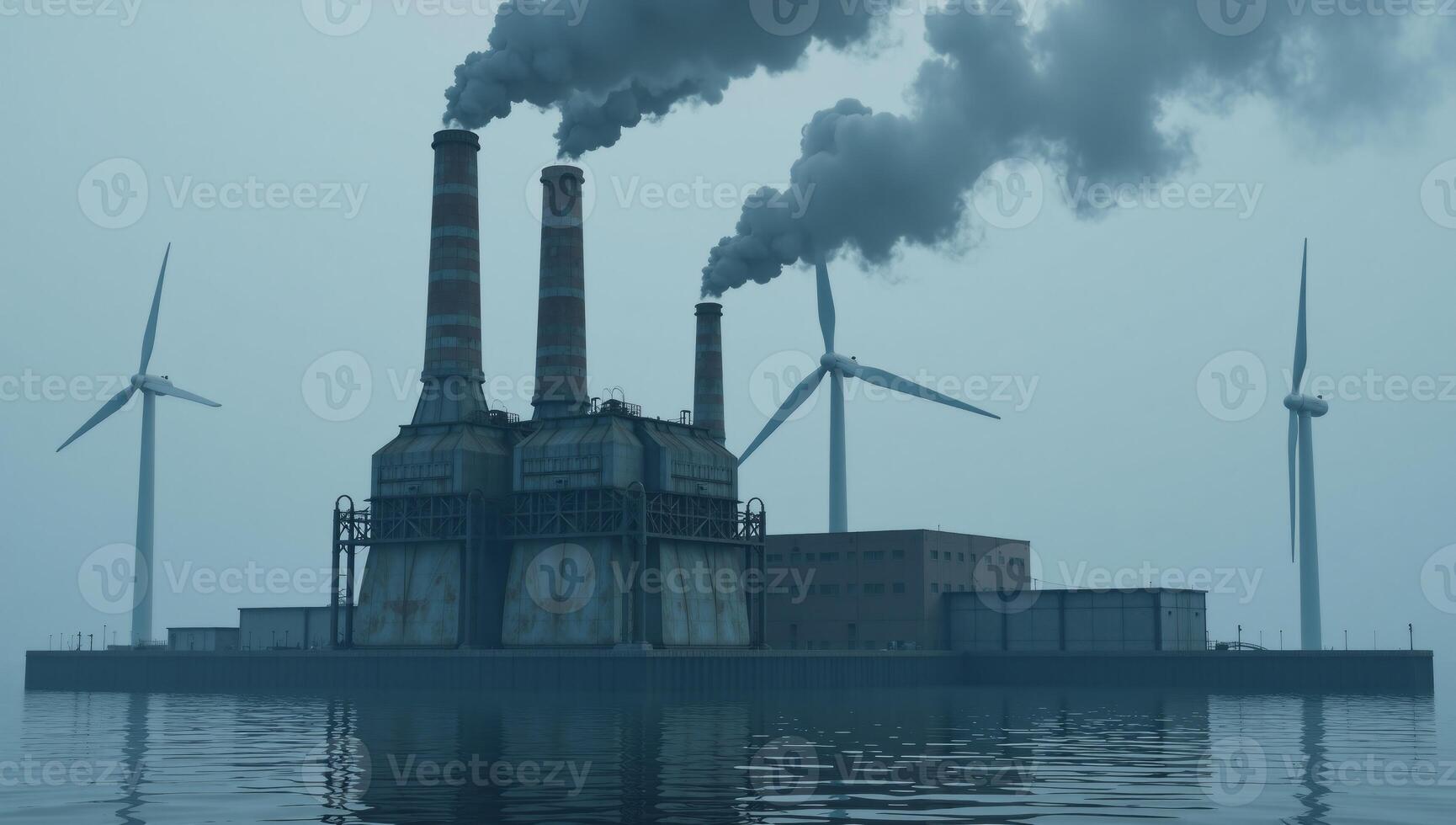 3D render of polluting factory with wind turbines showcasing air pollution renewables in a cool blue palette photo