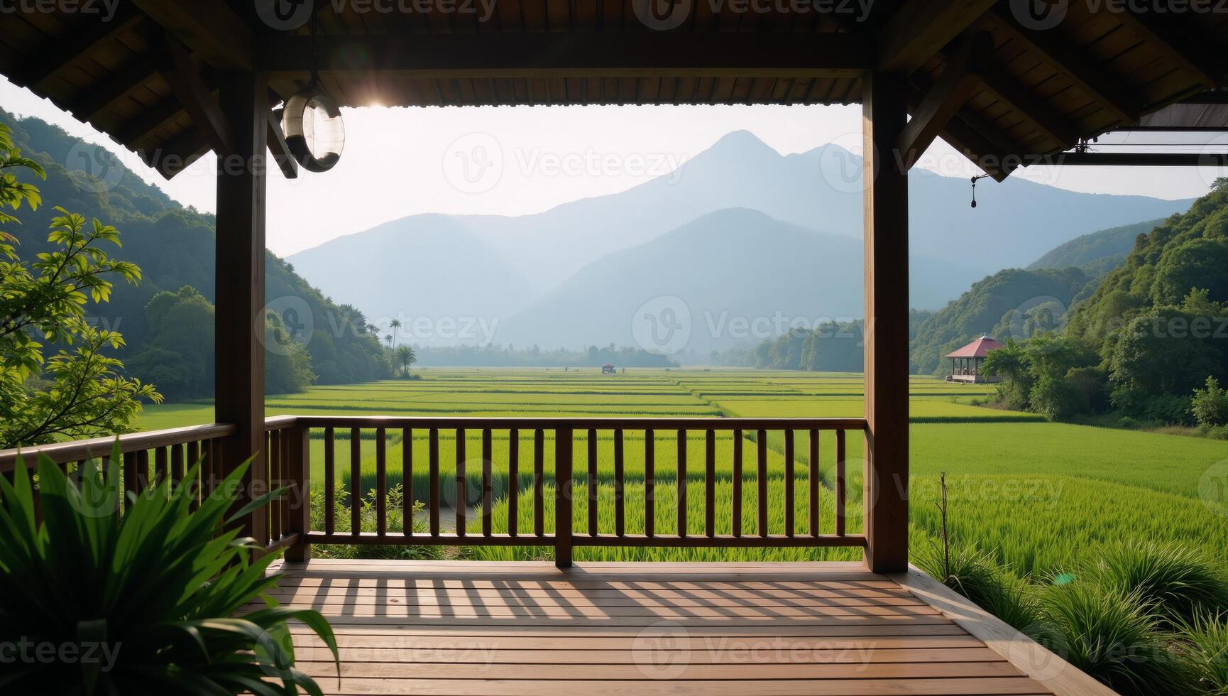 Wooden balcony with morning sunshine over mountains encompassing verdant rice terraces and mistcovered landscapes in a naturefocused illustration Outdoor Scene photo