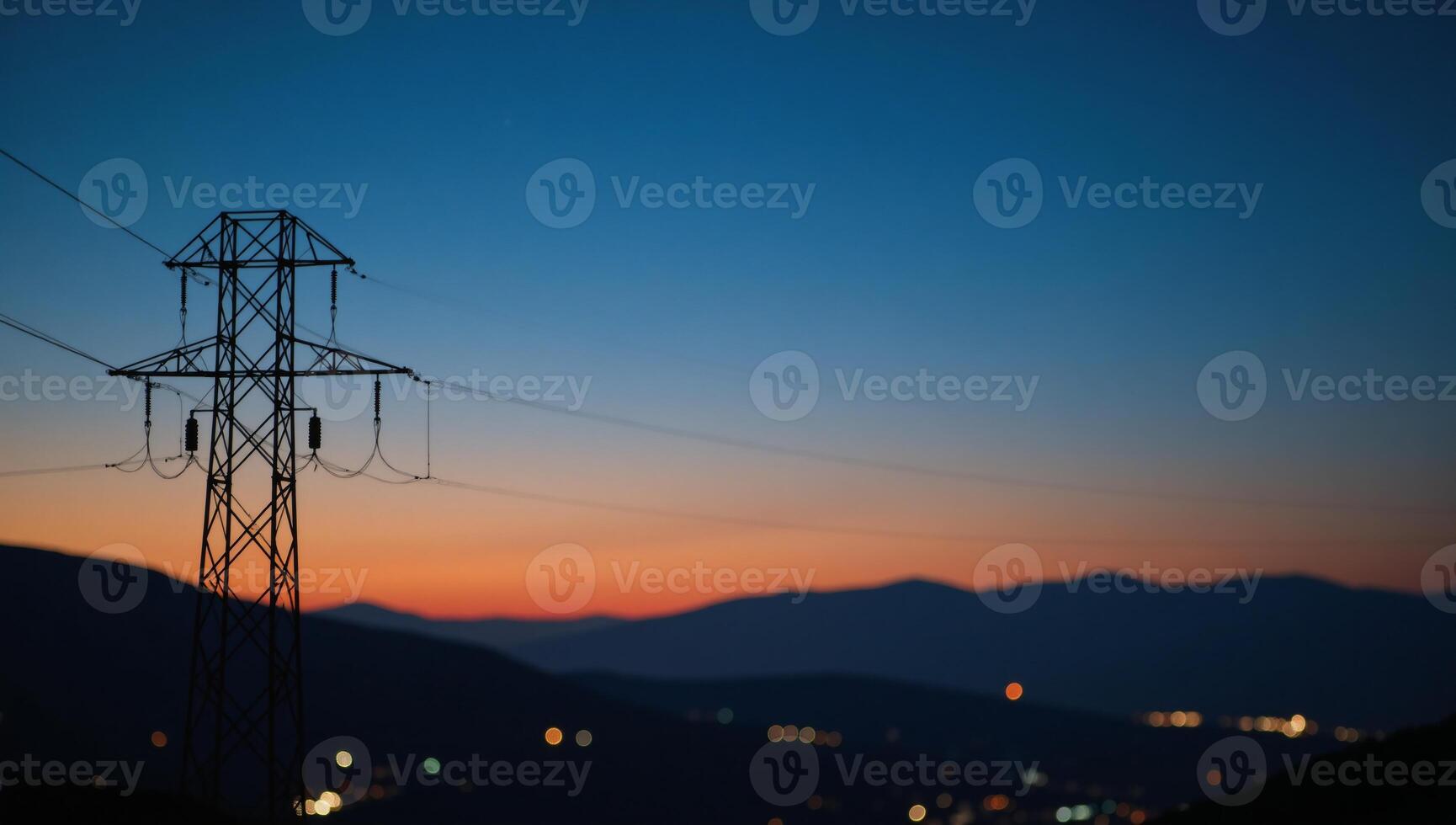 Striking abstract portrayal of energy and technology through electrifying nighttime scene of bokeh lighted power lines photo